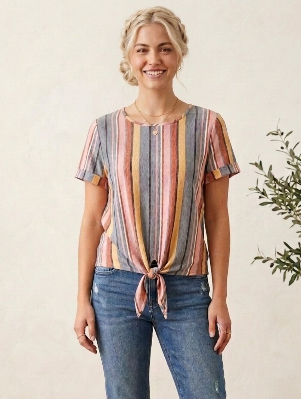 KIM & CAMI Tie Front Short Sleeved Striped Top